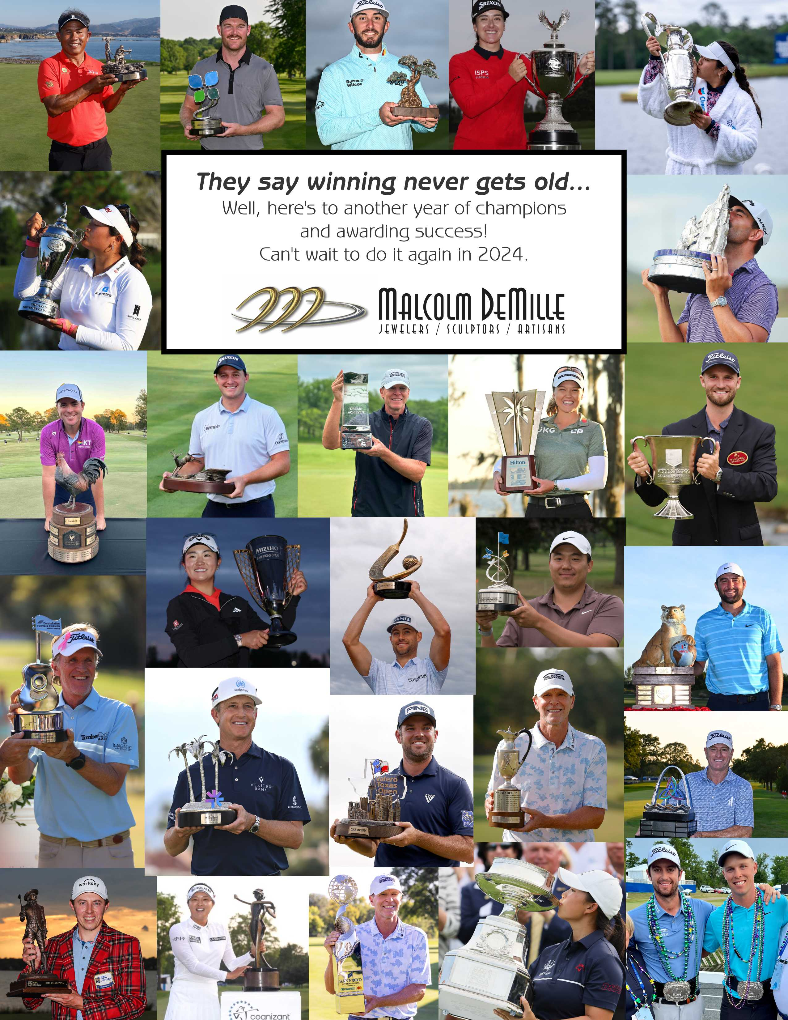 2023 Champions holding PGA, LPGA, Champions, Korn Ferry Tour trophies made by Malcolm DeMille